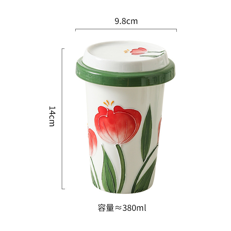 创意ins手绘堆料花朵郁金香花朵带盖陶瓷水杯高颜值手握家用水杯|undefined