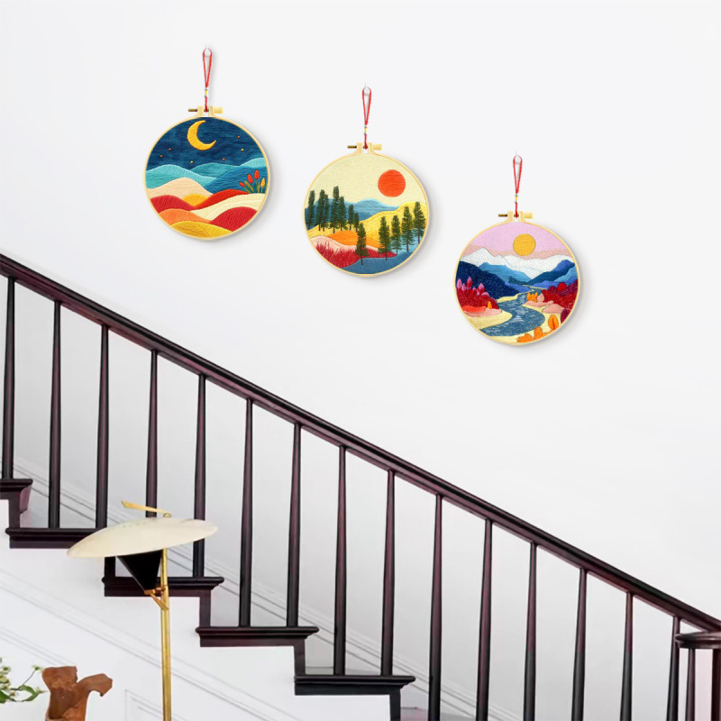 Mona Lisa bordado real bordado de cruz paisaje sol y luna nueva simulación de estilo nacional bordado decoración bordado a mano