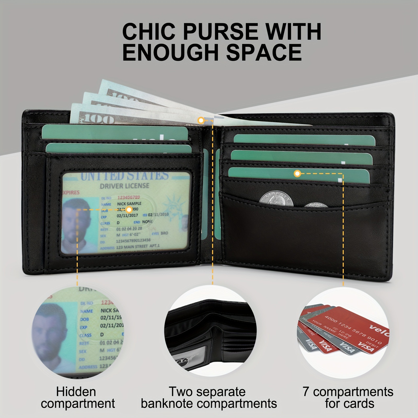 Cartera de cuero de fibra de carbono transfronteriza Spot corto simple de dos pliegues de cuero antirrobo Monedero súper móvil para hombres Genuino