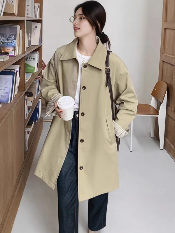 卡其色设计感格子袖休闲风衣外套女2025秋季新宽松显瘦中长款大衣|undefined
