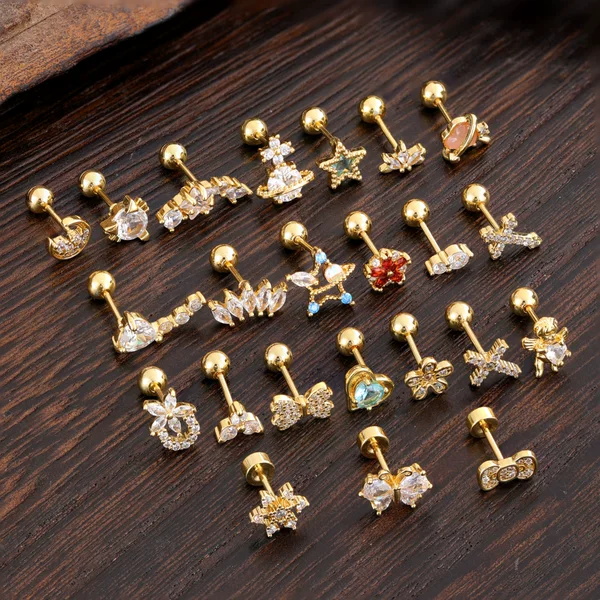 Stainless Steel Rod Copper Micro-Paved Zircon Ear Bone Nails Exquisite and Simple Cross-Border Ear Nail Piercing Jewelry 0.8*6*4mm