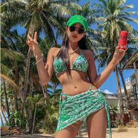 比基尼泳衣欧美新款泳装女三角杯分体挂脖露背性感网纱裙三件套无