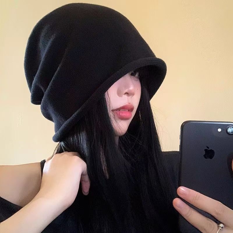 帽子女秋冬季抽绳堆堆帽显脸小毛线帽保暖防寒针织卷边百搭包头帽|undefined