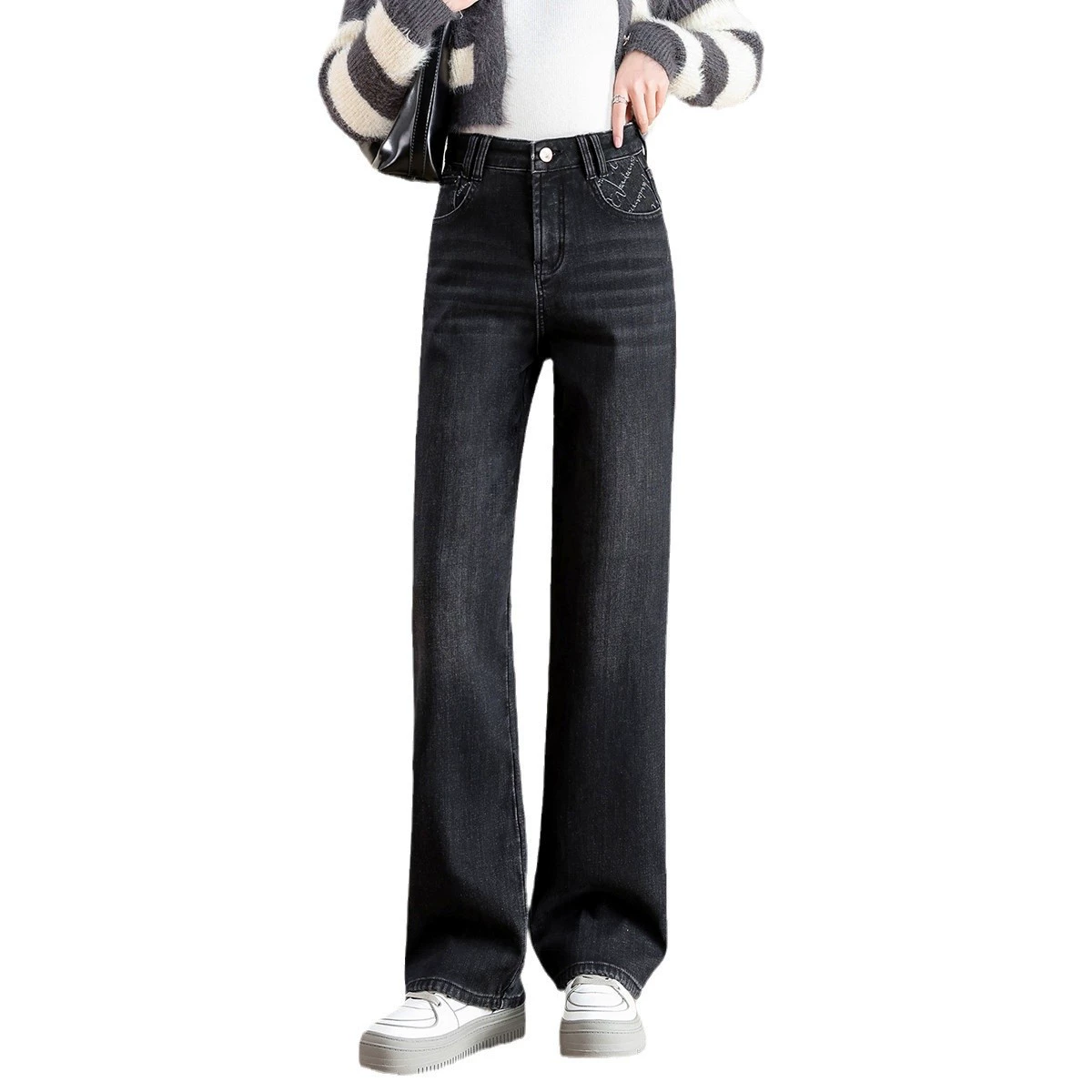 Теплые jeans, модные джинсы, высокая талия, свободный крой