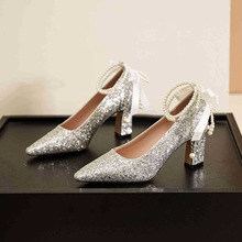7188F-203尖头珍珠链亮片水晶鞋主婚纱婚鞋女不累脚粗跟单鞋高跟