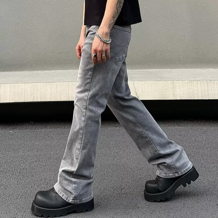 Men's Gray American Streetwear Vintage Wash Flared Jeans, Relaxed Fit Bootcut Denim Pants With Distressed Details For Urban Fashion_mkmklike.com