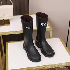 小香風はひざを越えないブーツ女性ファッション外着中長筒騎士靴厚い底高筒黒色中古雨靴女
