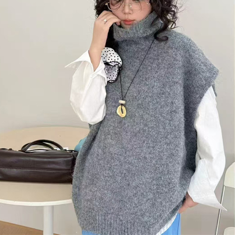 韩系宽松大版针织马甲女2025秋冬新款叠穿高领无袖大码毛衣背心潮|undefined