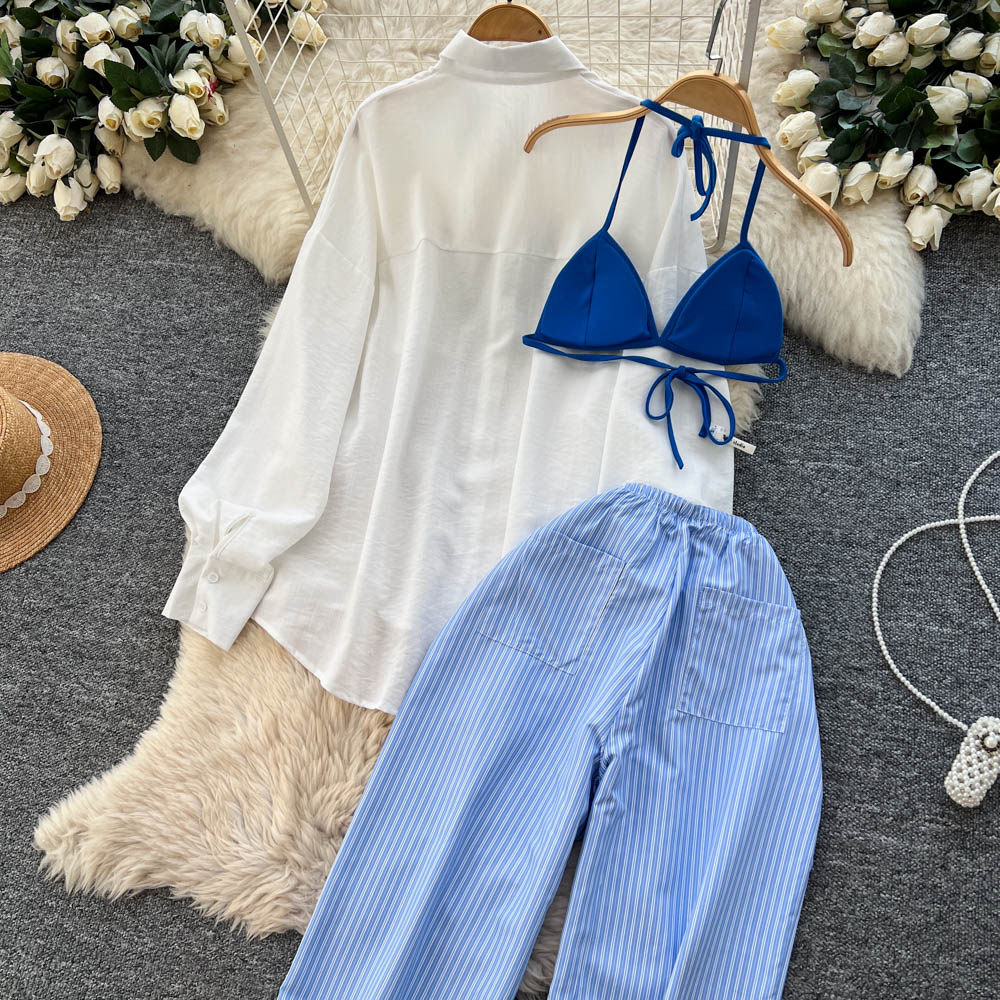 Women's White Shirt And High Waisted Wide Leg Pants Two Piece Set For Autumn Casual Sophisticated Wear_ecoleips.com