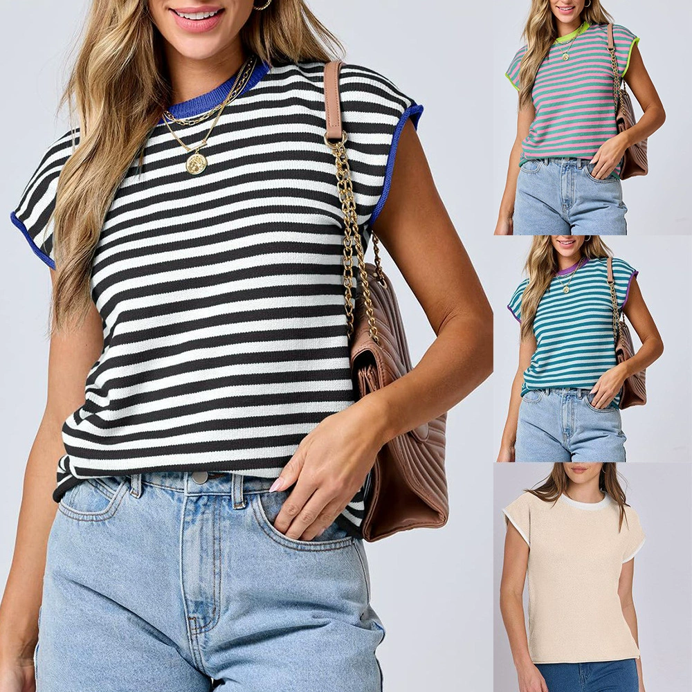 Трансграничная европейская и американская женская одежда Amazon 2025 лето новый трикотажный топ с круглым вырезом повседневный полосатый свитер
