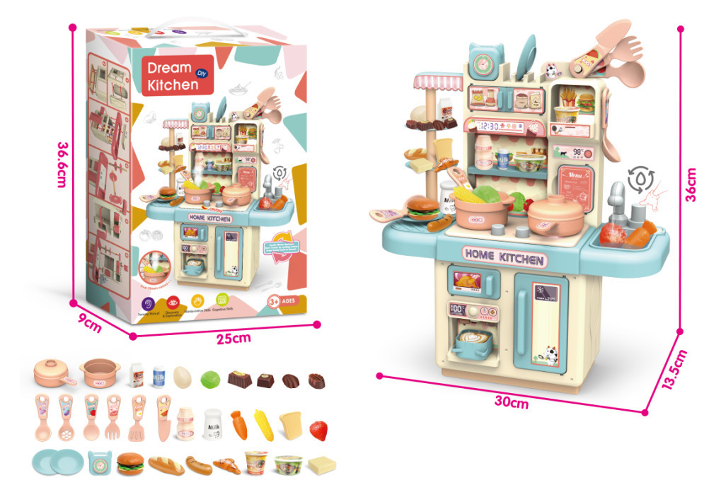 Comercio exterior infantil simulación de 36CM pulverización de luz de cocina de agua conjunto de mesa de platos de cocina de juguetes