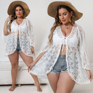 Cross-Border European and American Plus Size Women's Asymmetrical Cardigan Sexy See-Through Lace Shirt Strappy Sun Protection Jacket F21225