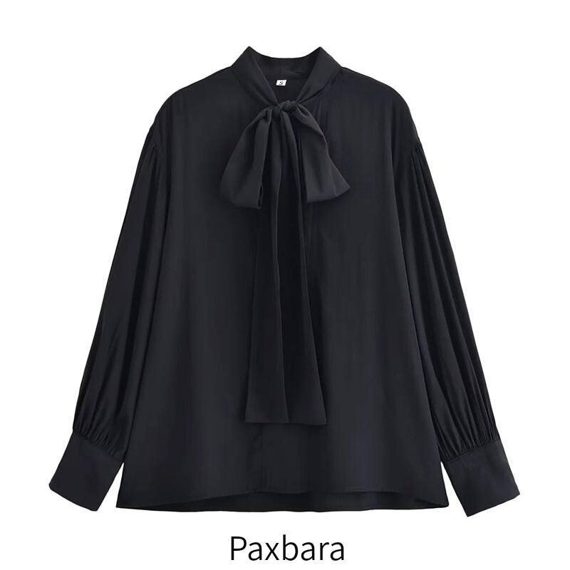 11815 2025 New Autum Fashion Versatile Loose Slimming Look Bow Decorated Long-Sleeved Pure Color Women's Shirt