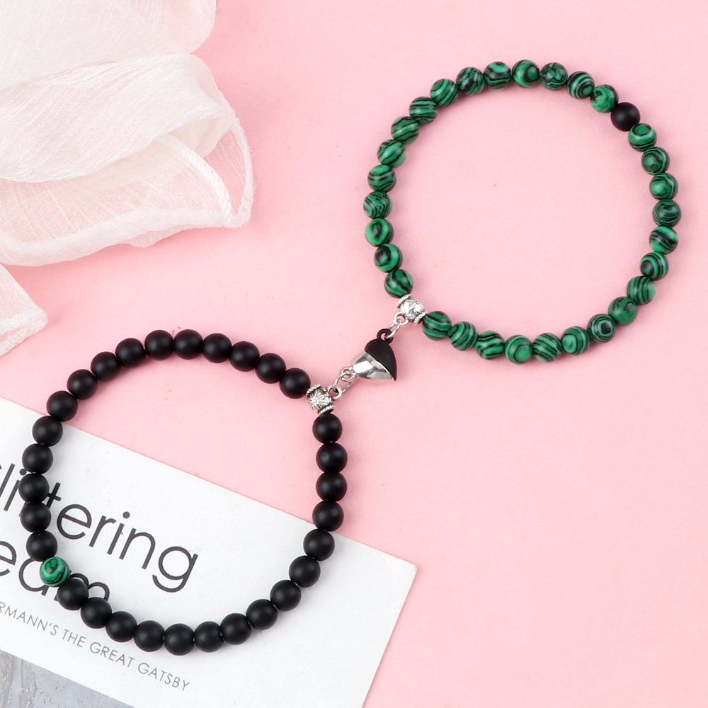 New Chinese style niche love couple set heart shaped magnetic buckle elastic bracelet simple versatile bead elastic bracelet_voghion.com