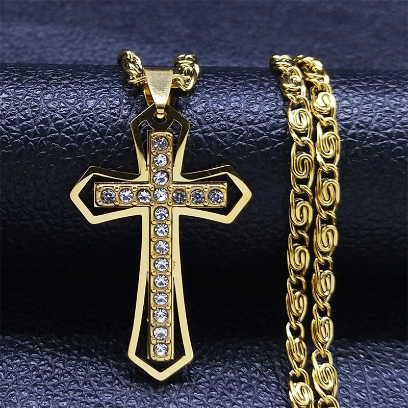 Foreign Trade Aliexpress Men's Cross Stainless Steel Diamond Pendant Titanium Steel Inlaid Diamond Trendy Jewelry Cross-Border Hot-Selling Necklace