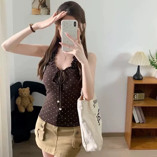 3097#夏季新款辣妹风波点印花拼接挂脖背心女修身固定带胸垫上衣