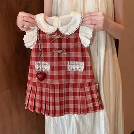 小众女童红格子连衣裙2025新款儿童夏季花边背心裙宝宝洋气裙子潮