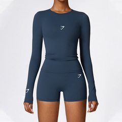 Gymshark春夏の女性のタイツのヨガの長袖のフィットネスの上着のスポーツウェアの修身はやせている丸首を現します。