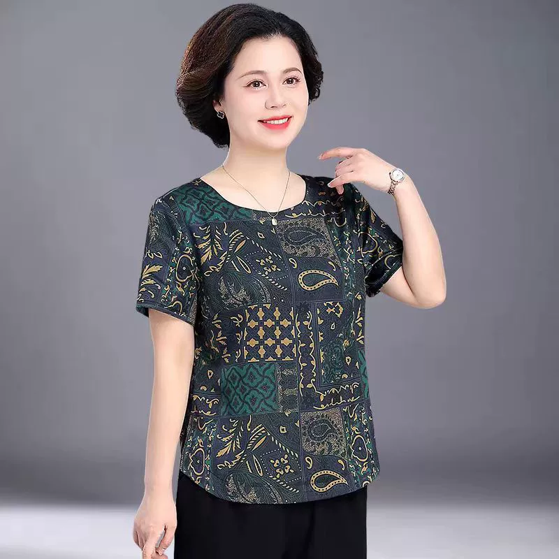 Silk summer clothing for mother, sleeves, summer set, with short sleeve, western style