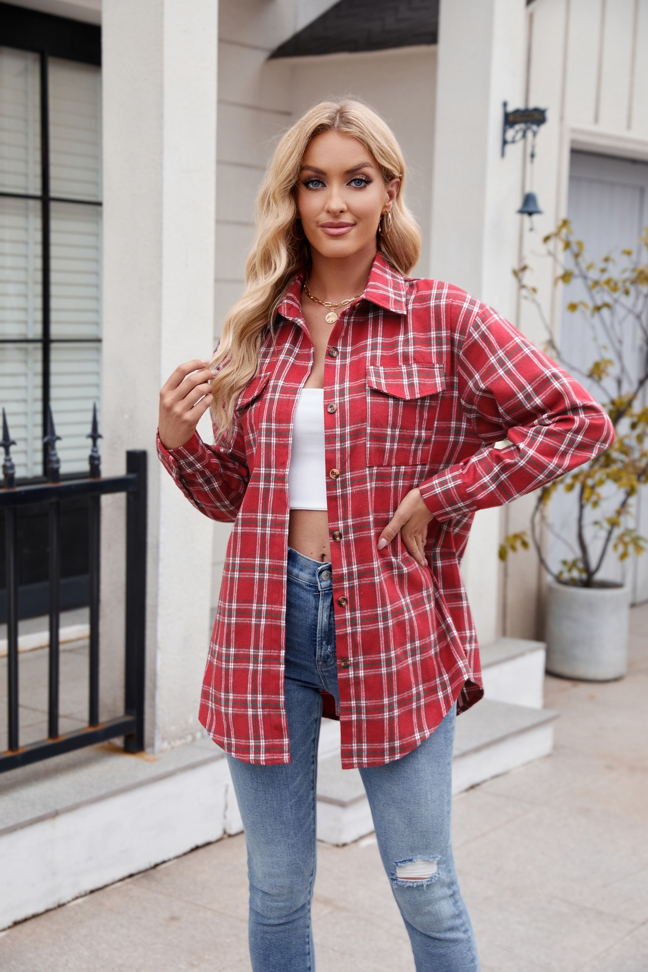 Lässiges Karohemd Für Damen Mit Taschen Für Herbst Und Winter_voghion.com