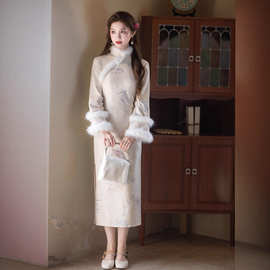 2025秋冬新款旗袍加绒加厚提花长款旗袍新中式年轻款修身旗袍现货