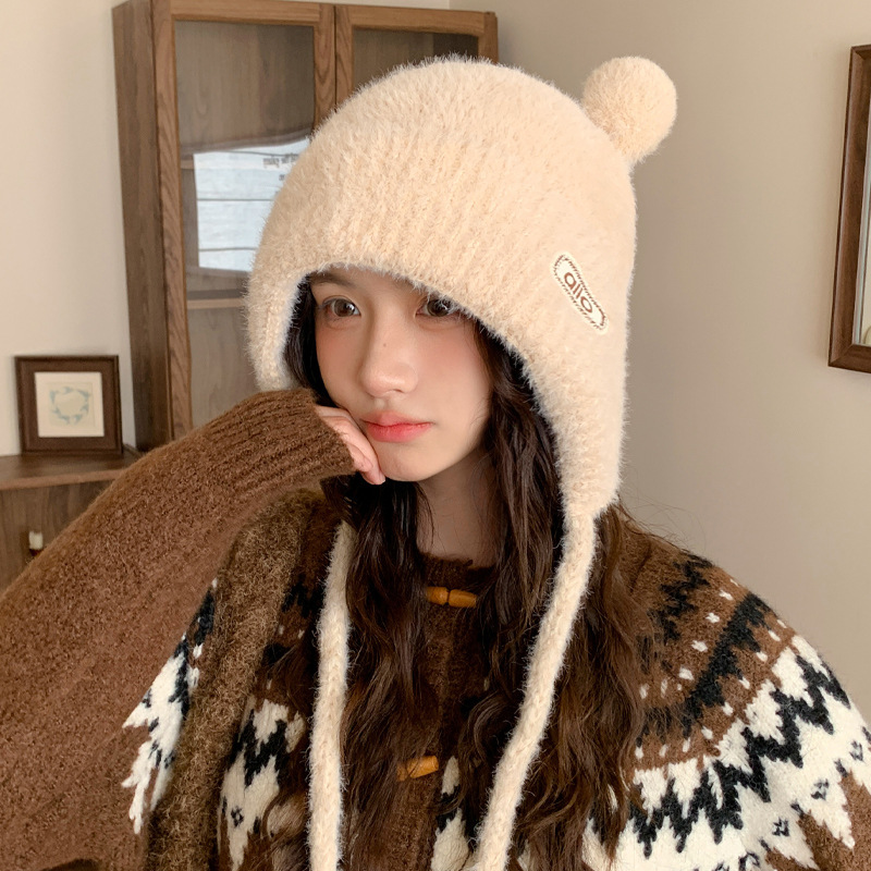 冬天帽子女款时尚百搭大头围针织帽毛绒小熊耳朵毛线帽休闲保暖帽|undefined