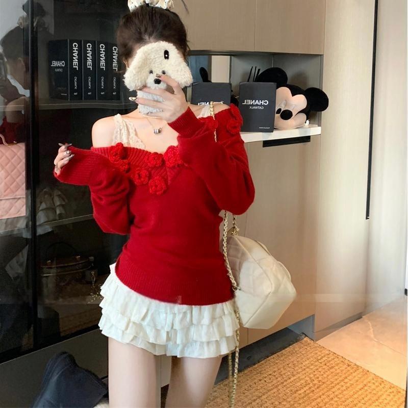 2025 New Autum V Neck Flower Waist Sweater Women's Lace Women's Knitwear Women's Tops
