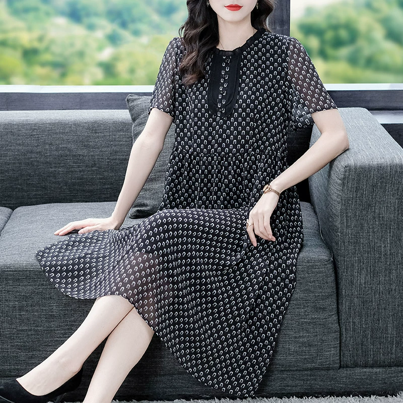 Женская одежда больших размеров, летнее французское шифоновое платье средней длины на шнуровке с короткими рукавами и принтом A-Line