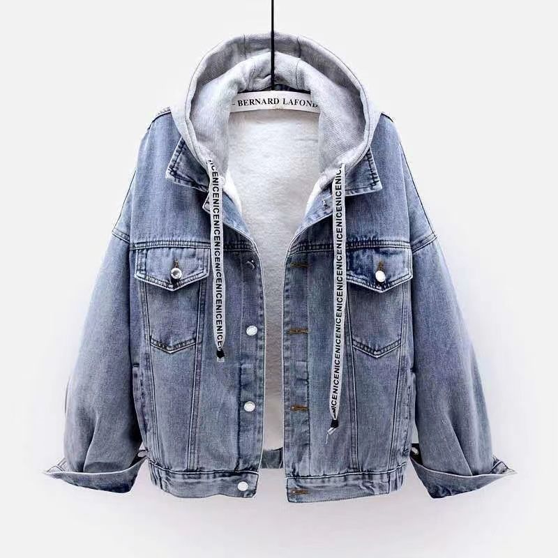 Dameskleding korte denim katoenen jas blauw grijs grote bontkraag plus fluwelen dikke warme katoenen jas top_voghion.com