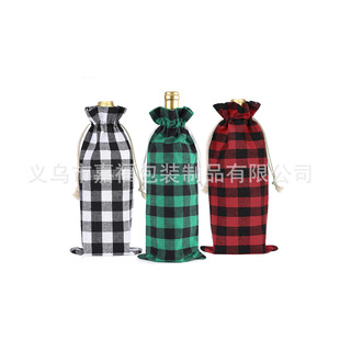 Cross-Border Christmas Red and Black Plaid Wine Bottle Bag Red Wine Cotton Drawstring Bag Candy Gift Cotton and Linen Bag Ready for Sale