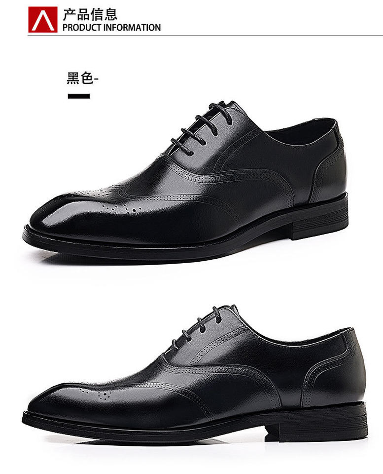 Giày da nam công sở da bò lớp đầu mũi nhọn Brogue buộc dây đế gỗ — Màu nâu, màu đen chi tiết 25
