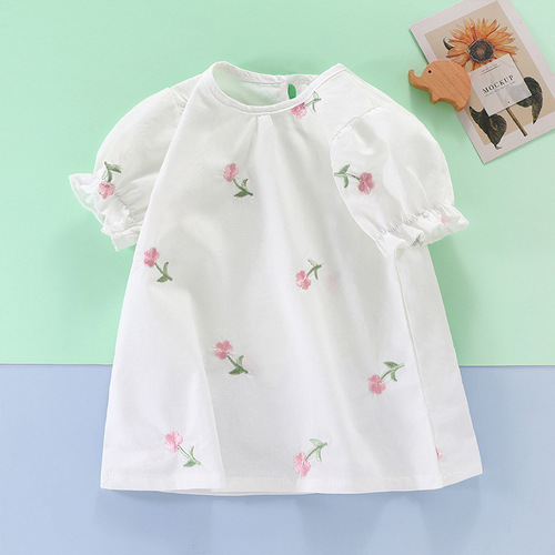 Girls' T-shirt Summer Outfit 2024 New Girl Baby Korean Style Half Sleeve Trendy Bouquet Sleeve Children Pure Cotton Base Top