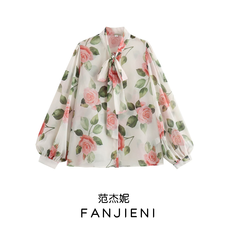 ZR 대외 무역 도매 유럽과 미국 스타일의 여성 라이트 컬러 로즈 프린트 넥 라인 랜턴 슬리브 여성용 쉬폰 셔츠