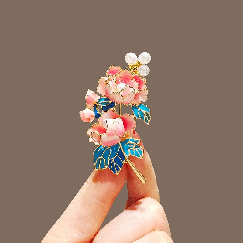 Chinese Style Elegant Enamel Peony Flower Brooch Retro Painted Flower Pin Corsage Suit Lapel Clothing Accessories
