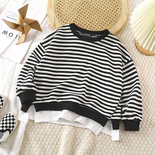 New Autumn Children's Sweatshirt Two-Piece Black and White Striped Top Casual Round Neck Loose Fit for Boys and Girls Fashion