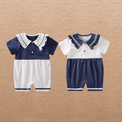 嬰兒服裝女寶寶可愛小公主短袖百天衣服 夏季海軍領嬰兒連體爬服