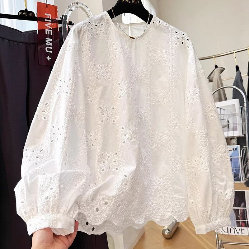 Elegant lace hollow-out light luxury white shirt, new spring French layered versatile loose top Elegant lace hollow-out light luxury white shirt, new spring French layered versatile loose top