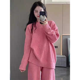 韩系慵懒纯色半边绒睡衣女秋加厚保暖毛绒长袖可外穿家居服套装