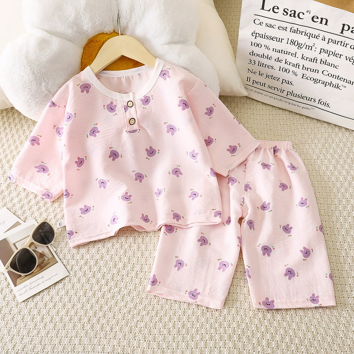 Популярный детский комплект летней домашней одежды, средний рукав, тонкая хлопковая одежда с кондиционером для мальчиков и девочек, повседневные пижамы средней длины.