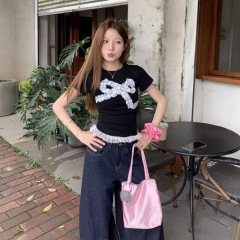 甘いホットガールコントラストカラーリボン Tシャツ女性の夏の新しいデザインレースレトロレーススリム半袖トップ