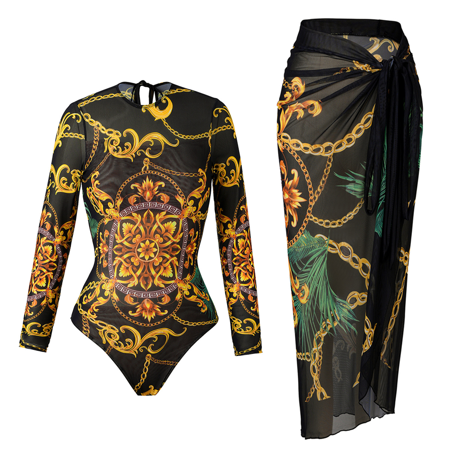 Women's Retro Mesh Long-sleeve One-piece Swimsuit For Beach And Pool_voghion.com