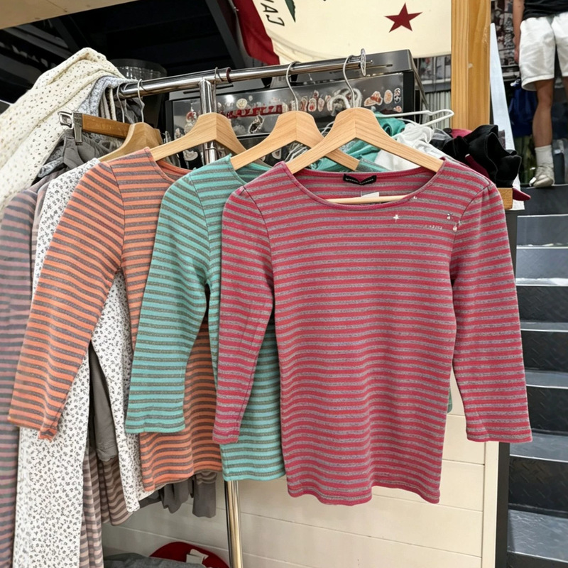 BM style new color-block striped mid-sleeve long-sleeve T-shirt for women, BM new slim-fit stretchy inner top, ins style BM style new color-block striped mid-sleeve long-sleeve T-shirt for women, BM new slim-fit stretchy inner top, ins style