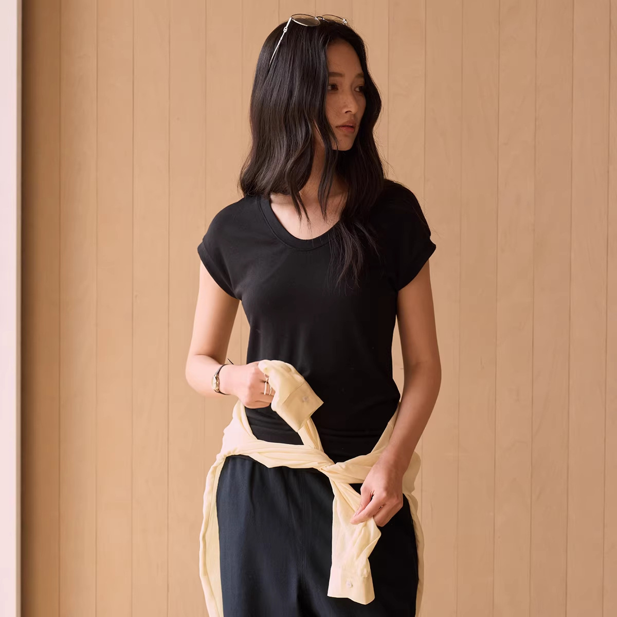 Fenna Fu Summer Silk Wool Short-Sleeve T-Shirt for Women, Tencel Modal, Slim Fit, Flattering for Round Faces, Drop Shoulder Top