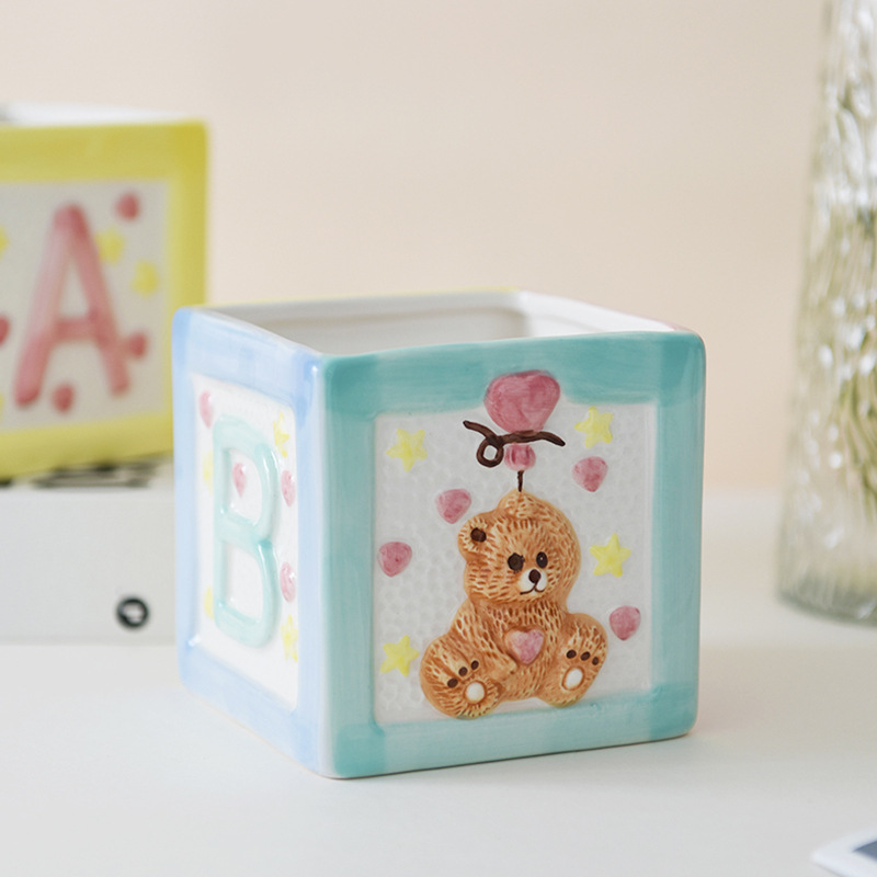 Oso lindo chica Corazón de cerámica maceta carta cuadrado maceta titular de la flor del hogar olla de almacenamiento adornos decorativos