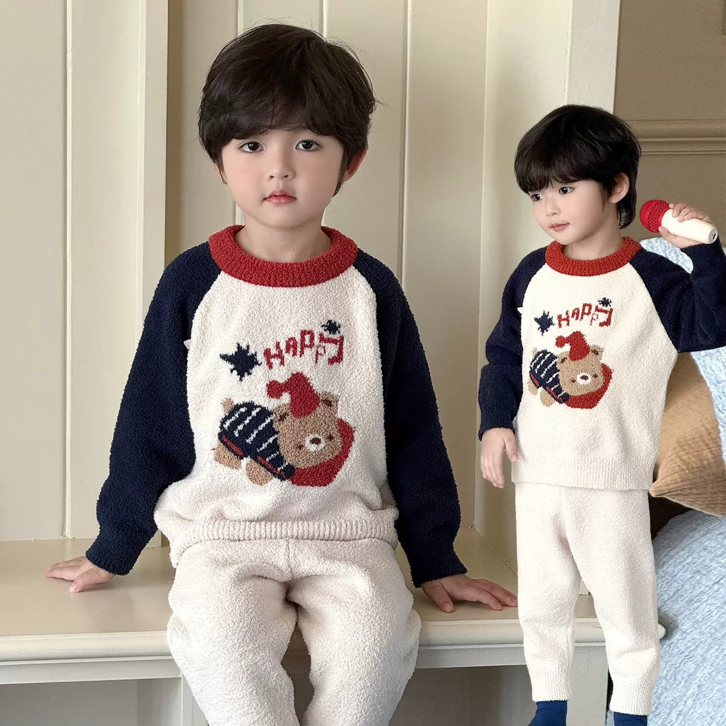 儿童家居服套装秋冬保暖加绒睡衣冬季半边绒男童女童秋衣秋裤新品