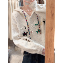 韩系杏色字母钩花套头连帽毛衣女秋冬外穿小个子宽松慵懒针织上衣