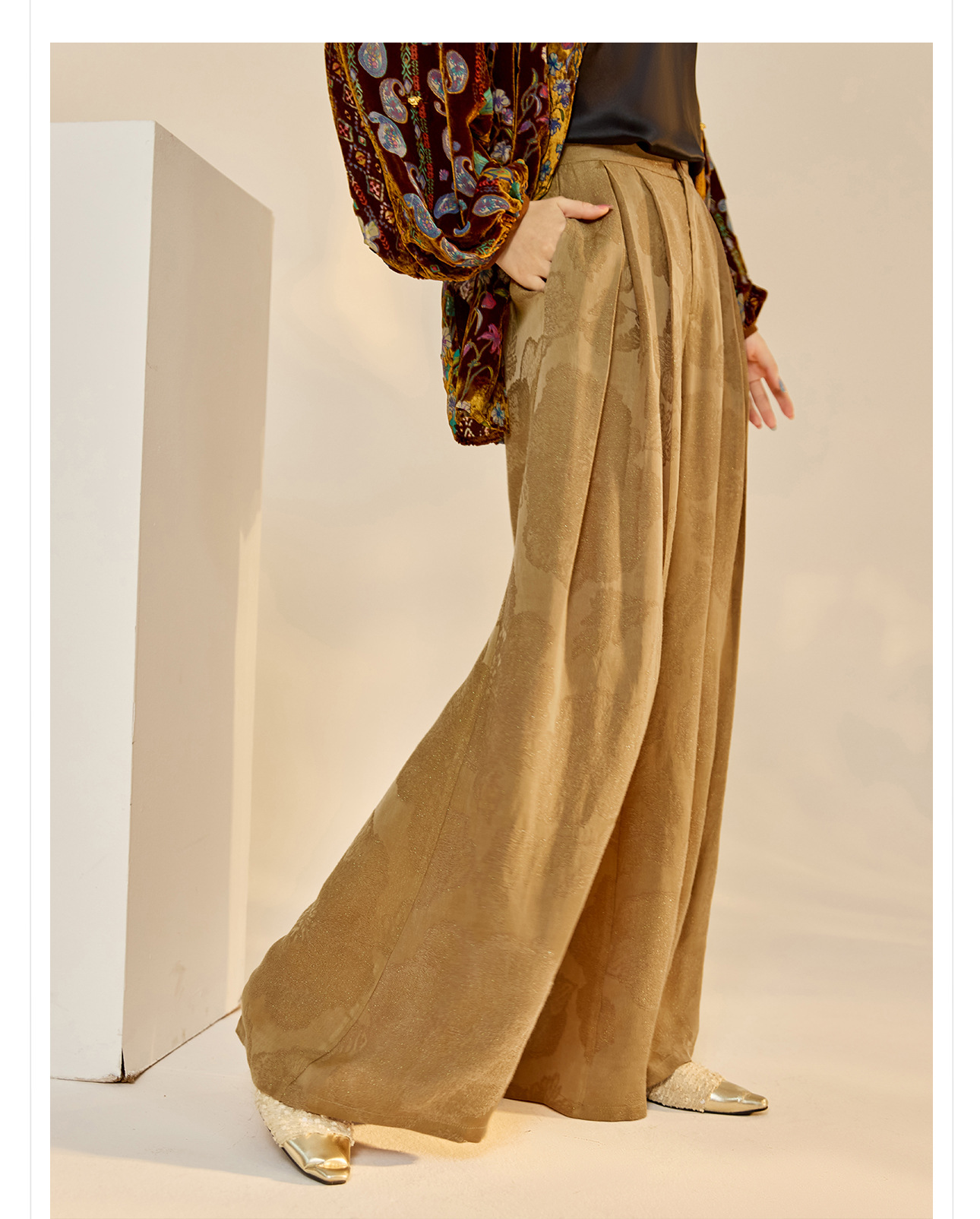 Quần ống rộng nữ phong cách Trung Hoa mới, chất rayon dệt vàng satin rủ — đen, Màu trắng nhạt, màu vàng chi tiết 11