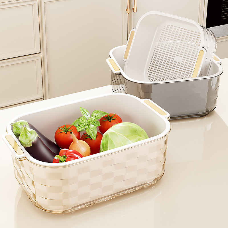 Double-layer vegetable washing basin drain basket kitchen supplies household fruit plate living room rice washing artifact fruit and vegetable washing basket