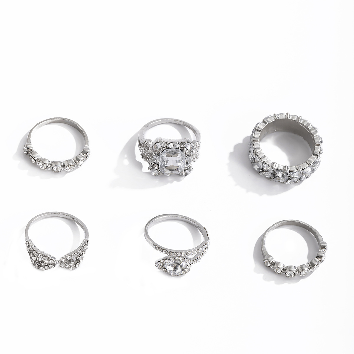 欧美跨境饰品 6件套水滴几何女士套装戒指 复古简约组合镶钻戒指