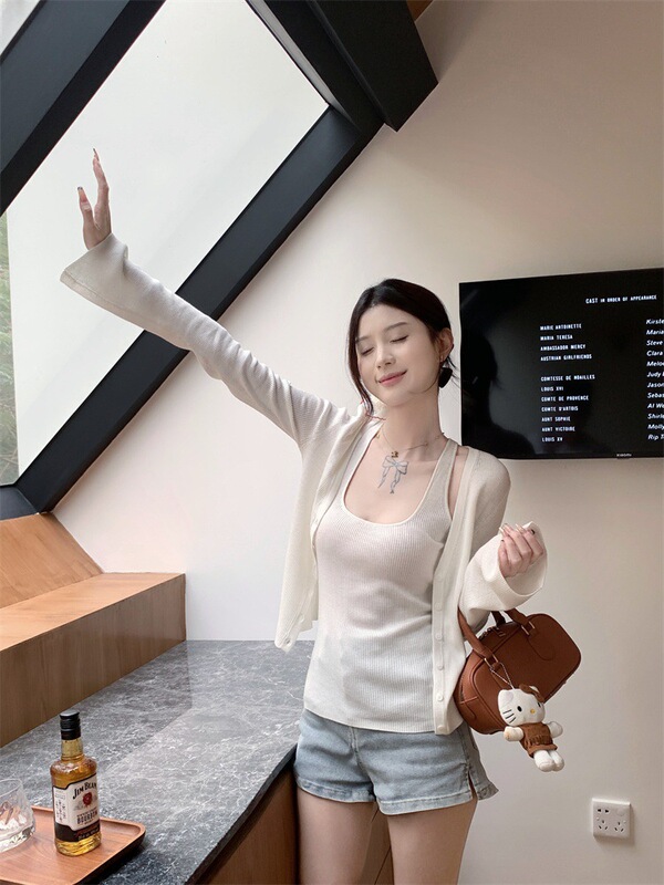 针织开衫外套两件套装女春秋长袖挂脖吊带背心上衣|undefined